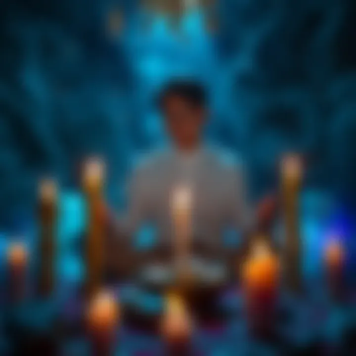 Person practicing quantum leaping Individual performing a ritual for quantum leaping, surrounded by candles and crystals, focused on their intention