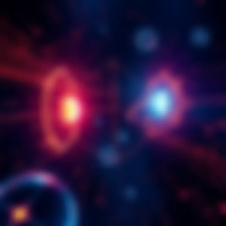 Illustration showing the quantum of action relating to proton and electron masses, with geometric shapes symbolizing the fine-structure constant and fundamental length scale.