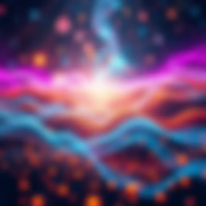 A vibrant field representing quantum energy and soul vibrations, with flowing colors and waves connecting hearts and minds.