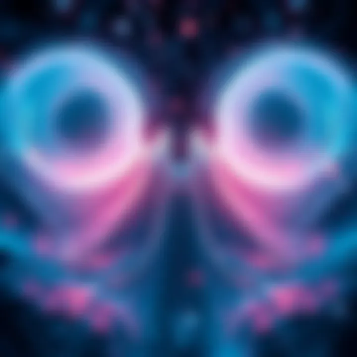 A visual representation of consciousness transitioning into a quantum wave state, featuring ethereal waves and abstract representations of life and death.