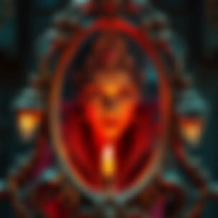 An intricate depiction of the queen gazing into a mystical mirror, captivating the viewer with an alluring yet sinister expression.