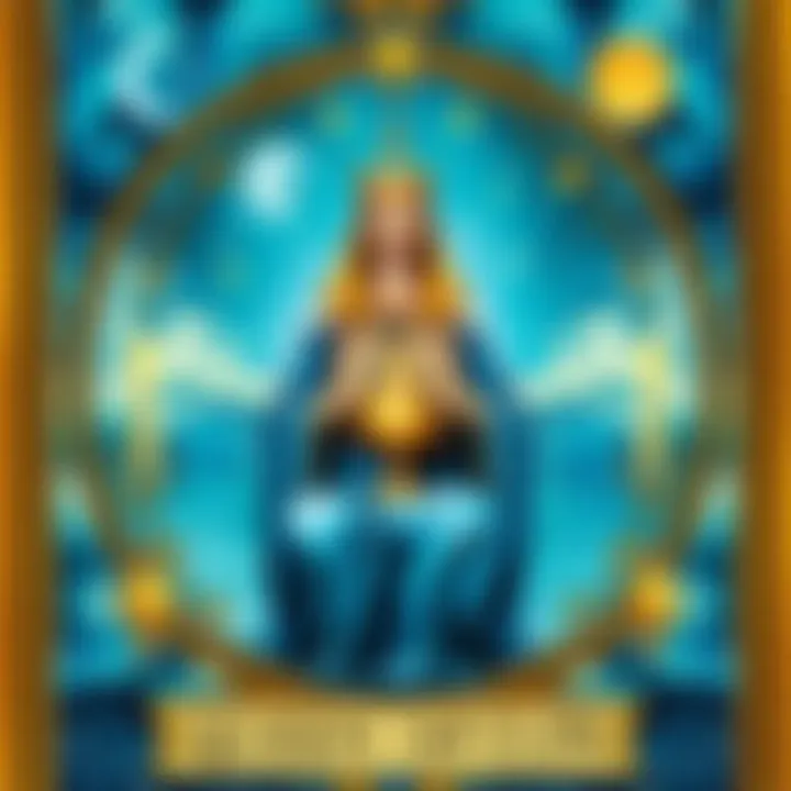 A depiction of the Queen of Cups Tarot card, showing a nurturing figure with a cup, representing emotions and intuition, surrounded by symbols of water and tranquility.