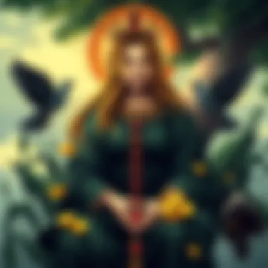 A beautifully illustrated Queen of Pentacles tarot card featuring a confident woman surrounded by nature and symbols of wealth