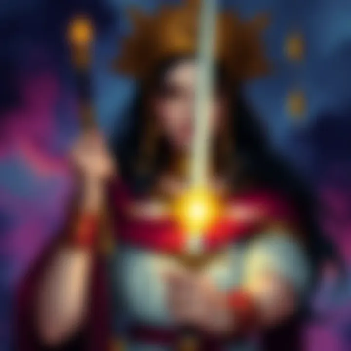 Queen of Swords Tarot Card Illustration of the Queen of Swords tarot card depicting a woman holding a sword, symbolizing clear thinking and decision-making.