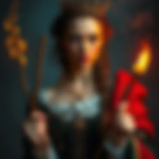 A woman resembling the Queen of Wands holds a wand and looks intently, suggesting drama and hidden truths about illness.