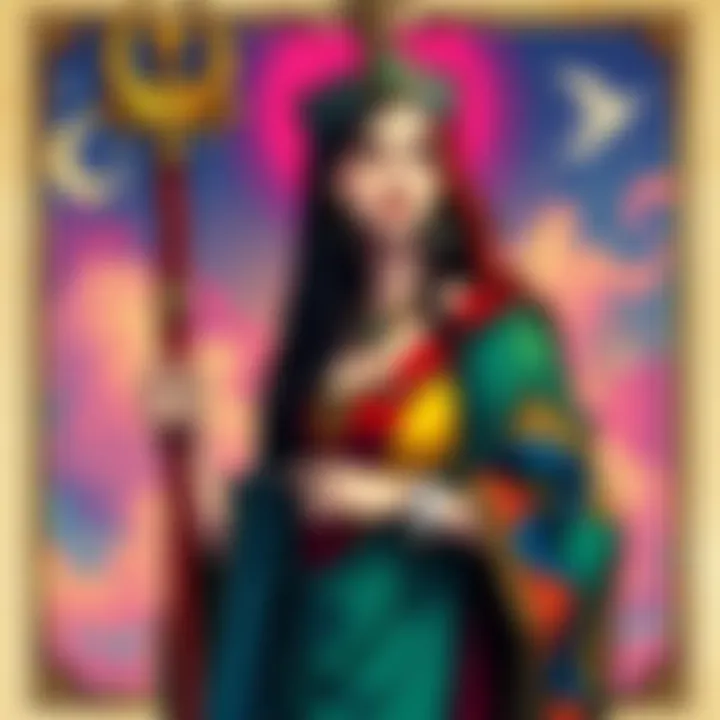 A colorful illustration of the Queen of Wands Tarot card, depicting a confident woman with a wand, symbolizing creativity and passion.
