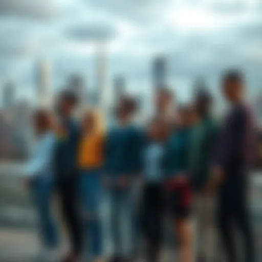 A diverse group of queer people standing together, showing solidarity and resilience against a backdrop of a city skyline, symbolizing hope in challenging environments.