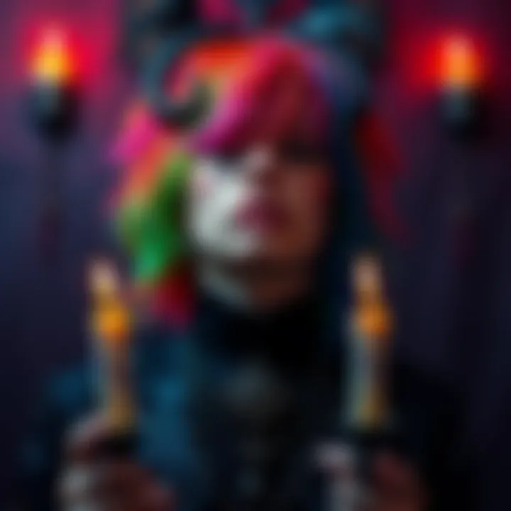 A person with colorful hair and attire, symbolizing queerness, surrounded by occult symbols and candles, representing their journey into Satanism and personal empowerment.