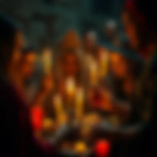 A group of queer people performing a ritual with candles and crystals, showcasing a blend of witchcraft and community spirit.