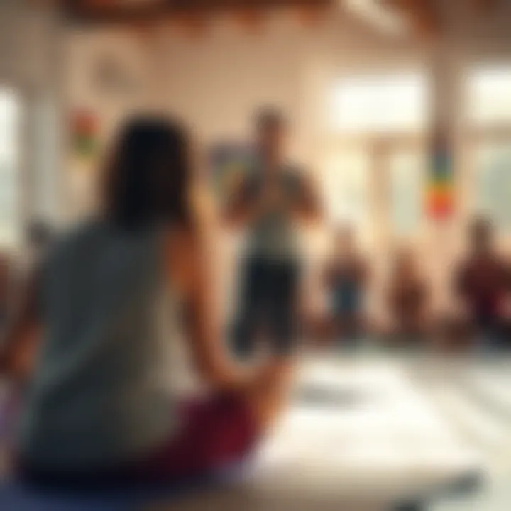 A queer yoga teacher instructs a diverse group of students in a sunlit studio, promoting inclusivity and safety in the classroom.