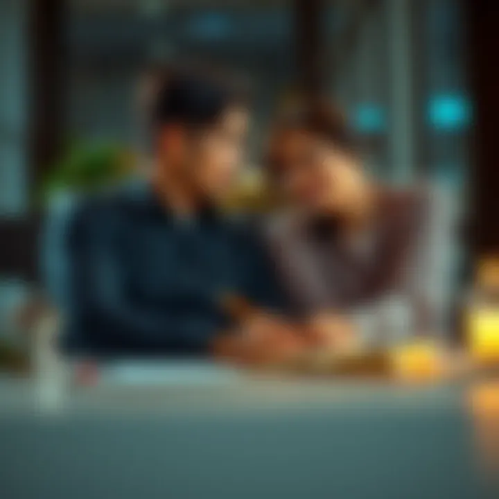A couple sitting together, deep in conversation, with a notebook and pen on the table, representing discussions about marriage questions.