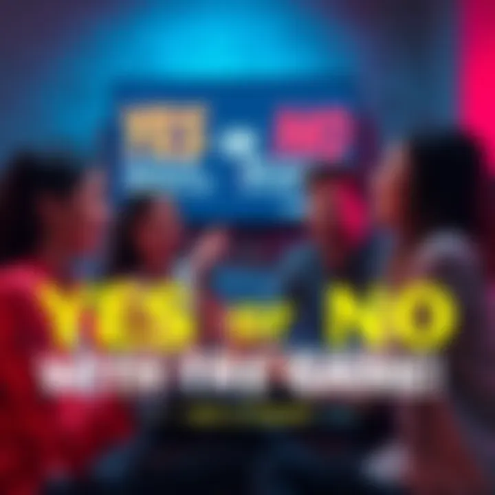 People playing a YES or NO question game A group of friends laughing and engaging in a YES or NO question game, with fun prompts displayed on a screen