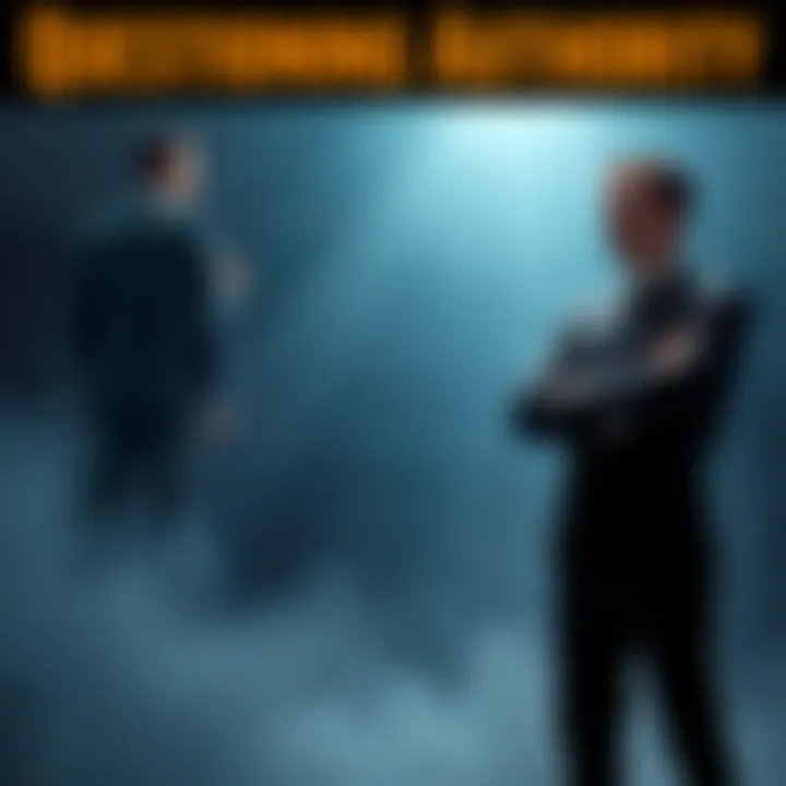 A person stands confidently with arms crossed, facing a figure in a suit, symbolizing the challenge to authority.