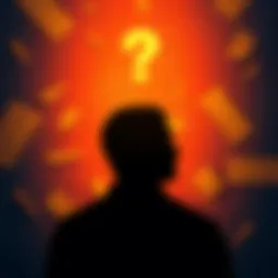 A silhouette of a man thinking with a question mark above his head, surrounded by clues and notes, representing the search for identity.