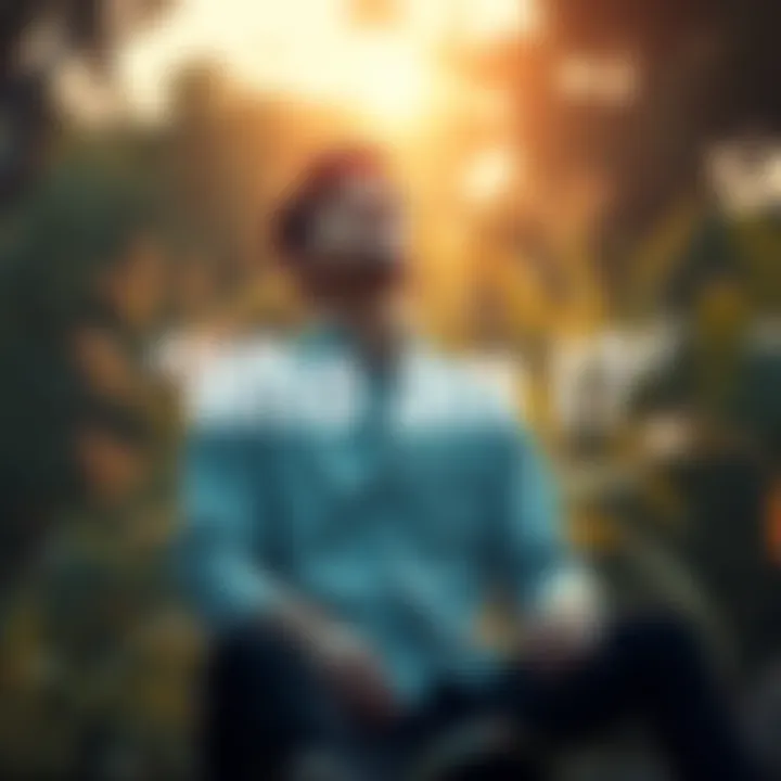 A person sitting peacefully with their eyes closed, surrounded by nature, contemplating the question 'Who am I?'.