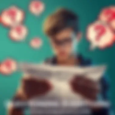 A person questioning information A young adult examining a news article with a skeptical expression, surrounded by thought bubbles containing symbols of doubt