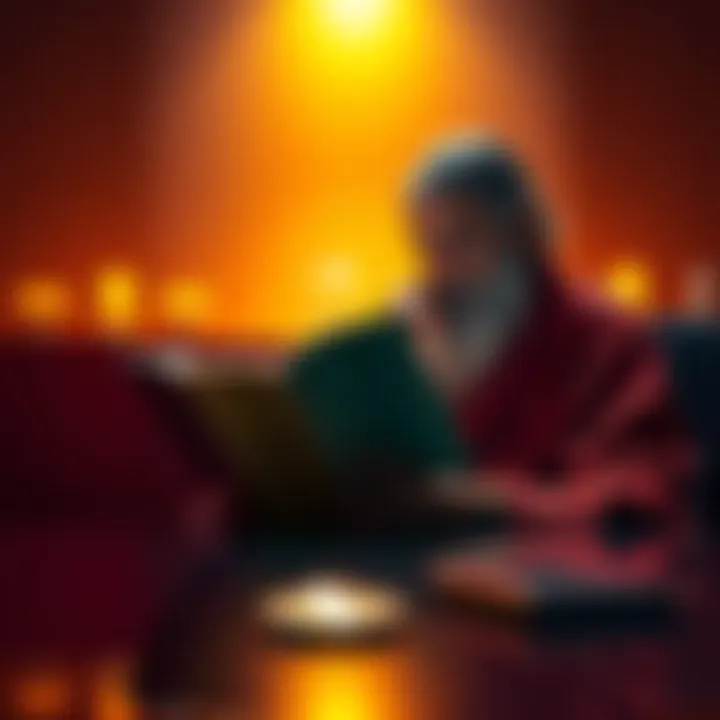 A thoughtful person reading The Autobiography of a Yogi with questions in mind, surrounded by light and reflection.