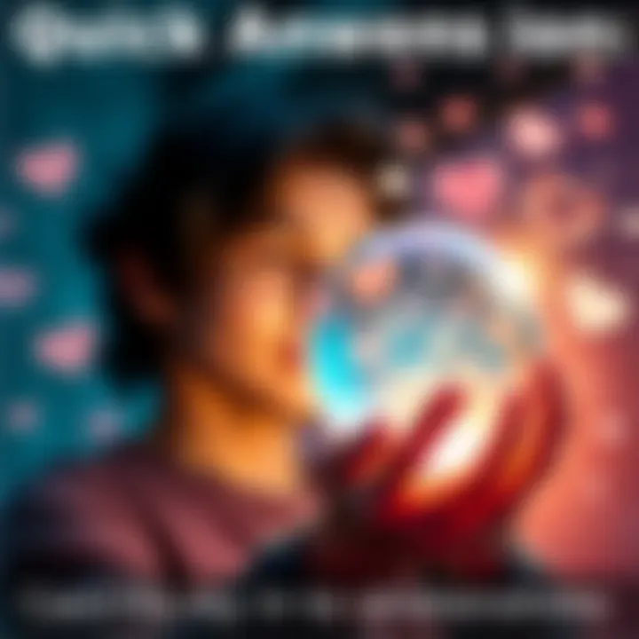 A person looking at a crystal ball surrounded by love symbols and light, seeking guidance on relationships.