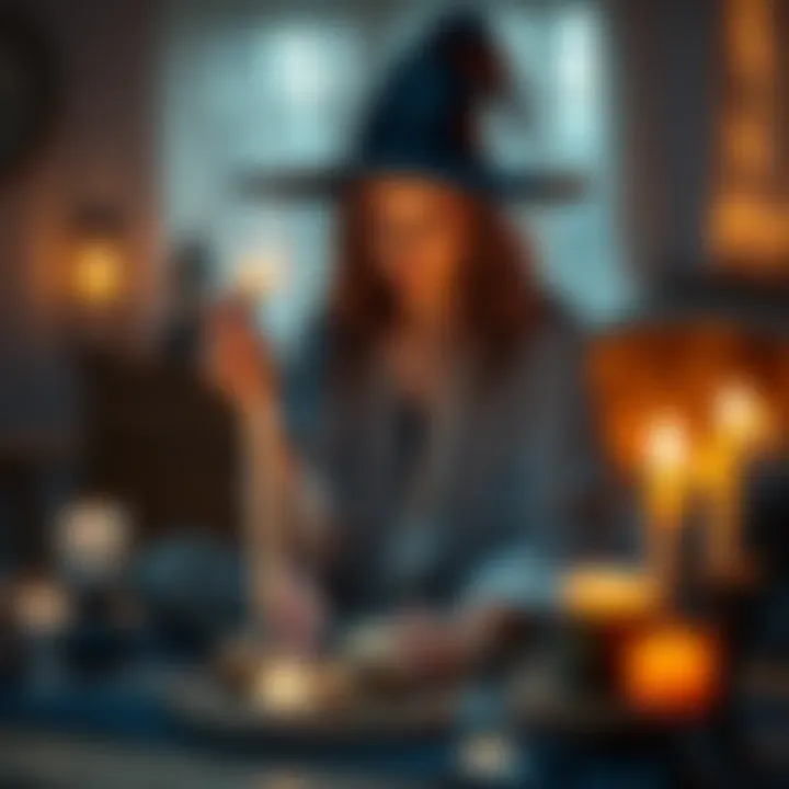 A modern witch surrounded by candles and crystals, focused on a brief yet powerful spell under soft lighting