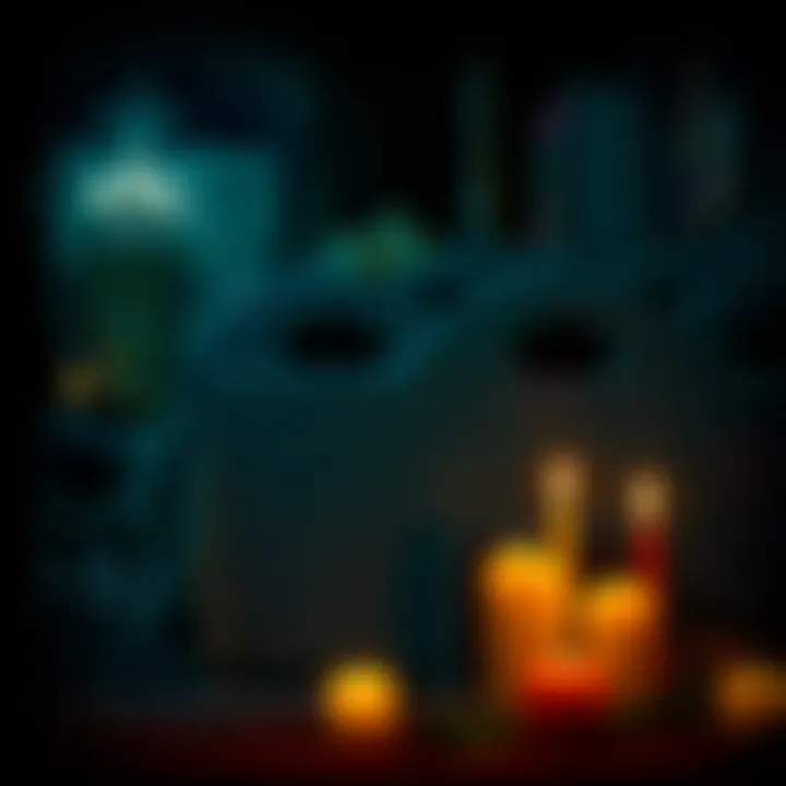 A serene depiction of a person practicing discreet worship with candles and nature elements in a conservative setting.