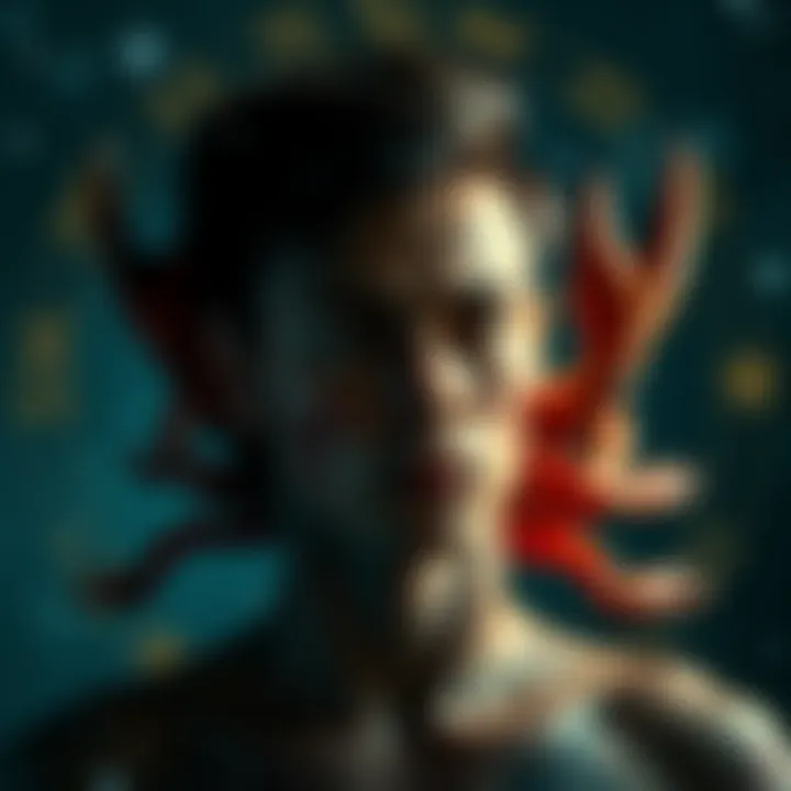 A calm Scorpio looking contemplative while surrounded by subtle zodiac symbols.