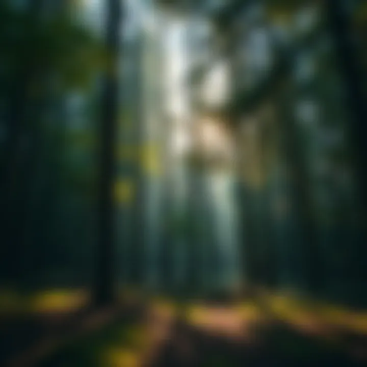 A peaceful woodland scene with tall trees and soft sunlight filtering through the leaves, inviting exploration.