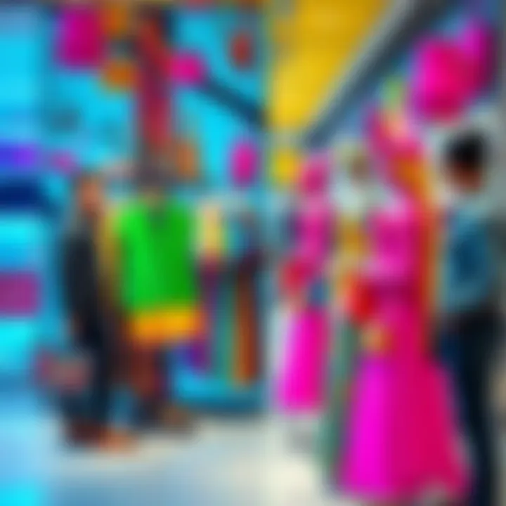 Colorful quirky clothes and fun accessories A display of bright and playful clothing and accessories that catch the eye, showcasing unique styles and designs, but with a shopper hesitating nearby.