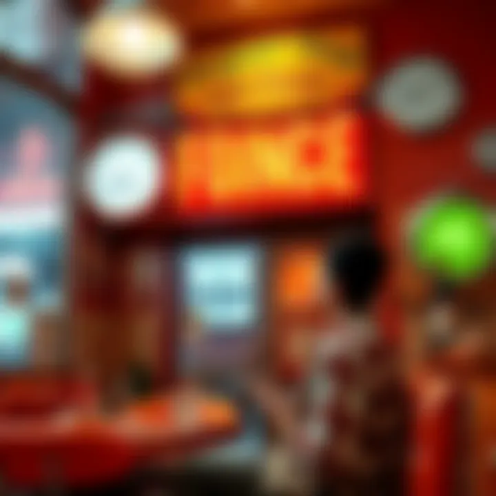 A person learning a jingle at a unique pizza restaurant called Pregnant Pussy Pizza Parlor, featuring colorful decor and pizza-themed signs.
