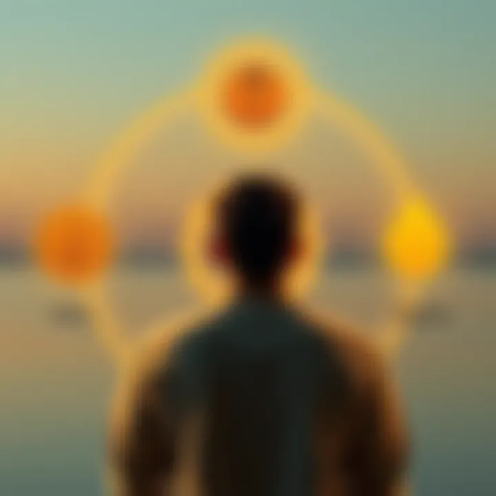 Quiz for Identifying Dosha Types A person taking a quick quiz to find out their Ayurvedic dosha type, surrounded by symbols representing Vata, Pitta, and Kapha, with a calm and serene background.