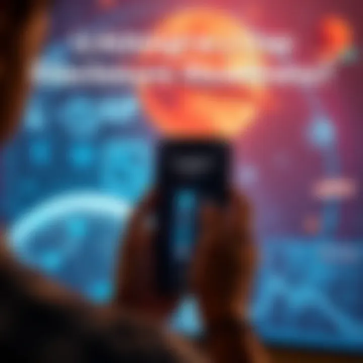 A person taking a quiz on their phone, with space-themed graphics in the background representing UAP discussions.