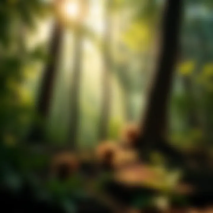 A scene showing small dewarf creatures, the Qvasimodos, playing among the trees in the Ångermanland forest, surrounded by lush greenery and soft sunlight filtering through the leaves.