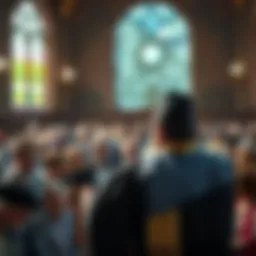 Rabbi speaking to congregation An American Rabbi addresses a diverse audience in a synagogue, emphasizing unity and humility during challenging times.