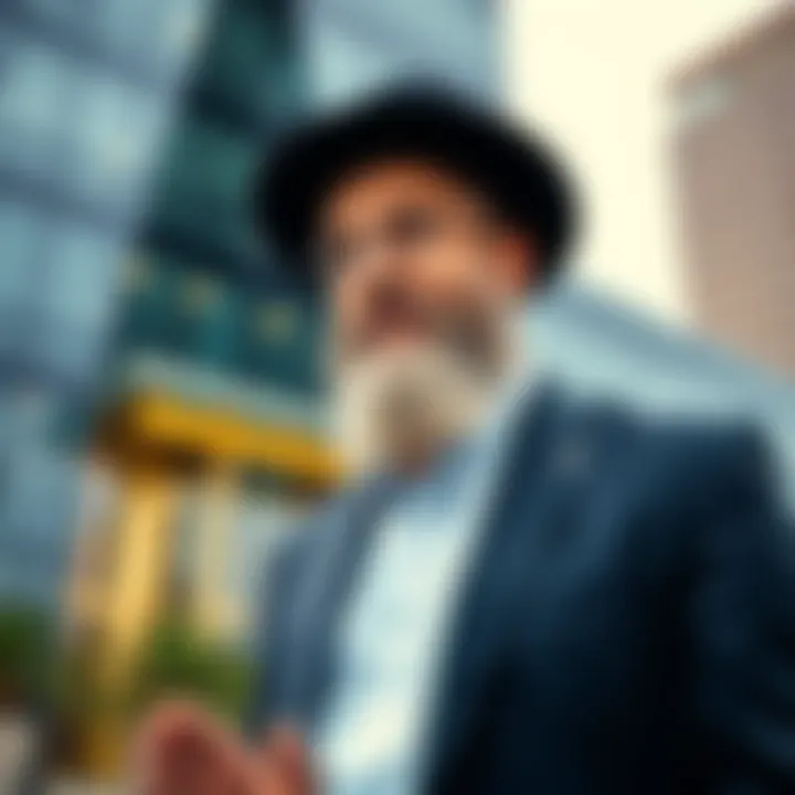 Rabbi Solomon Friedman standing in front of a modern office building, discussing his plans for the adult industry.