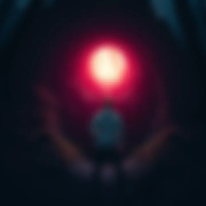 A person looking down a deep, dark rabbit hole in a forest, surrounded by trees and shadows. The scene suggests curiosity and intrigue.