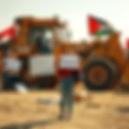 Rachel Corrie standing in front of a bulldozer during a protest in Gaza, holding a sign for peace.