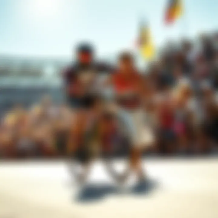 A person dressed as Tony Stark rides a bike while a young assistant runs beside him during an Olympic race, surrounded by cheering fans.