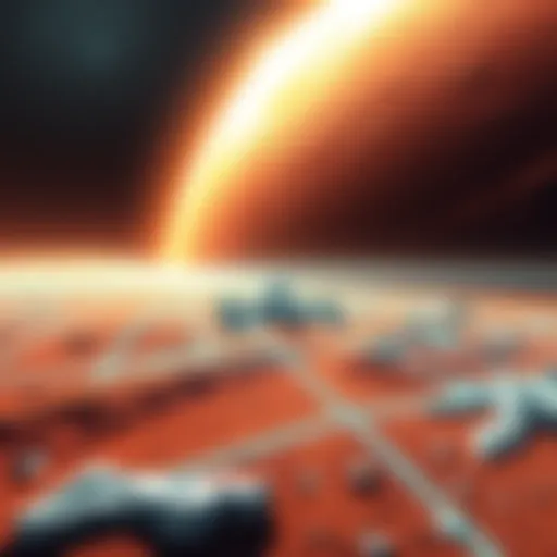 Illustration showing radar waves penetrating the Martian surface, highlighting complex terrain and ice caps.