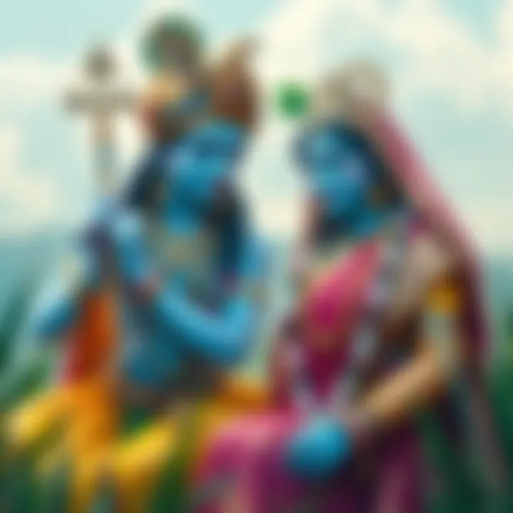 Radha Maa and Krishna together in a serene setting, symbolizing their divine connection.