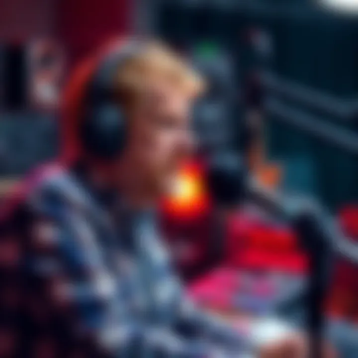 Radio Host at a Microphone A radio host speaking into a microphone with sound equipment in the background, representing the vibrant radio scene west of the Rockies.