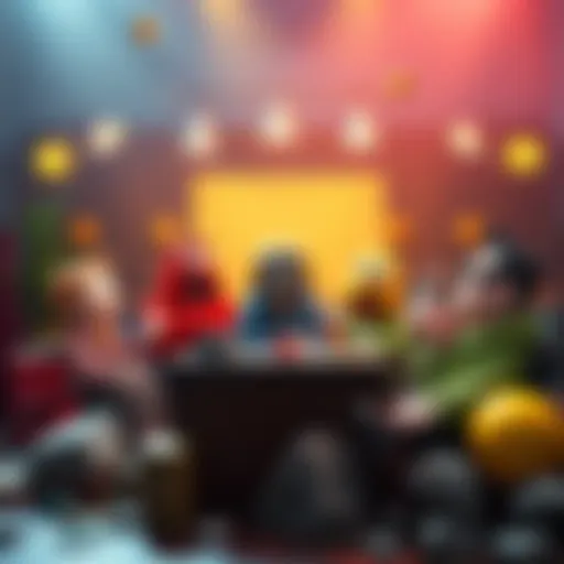 Colorful cartoon characters humorously discussing radioactive rocks on a chaotic set with silly expressions and props