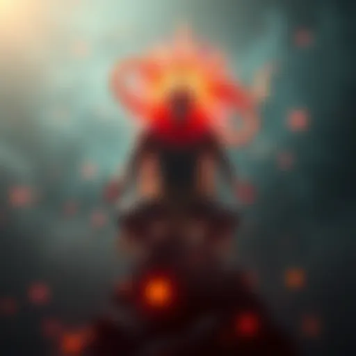 An artistic representation of Rahu, showing its influence on human desires, with a backdrop of glowing lights and shadows to signify challenges and pitfalls.