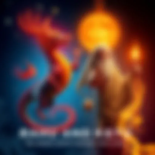 A visual representation of Rahu and Ketu as celestial entities, depicting one as a dragon symbolizing ambition and desire, and the other as a wise sage representing wisdom and detachment, with stars in the background.