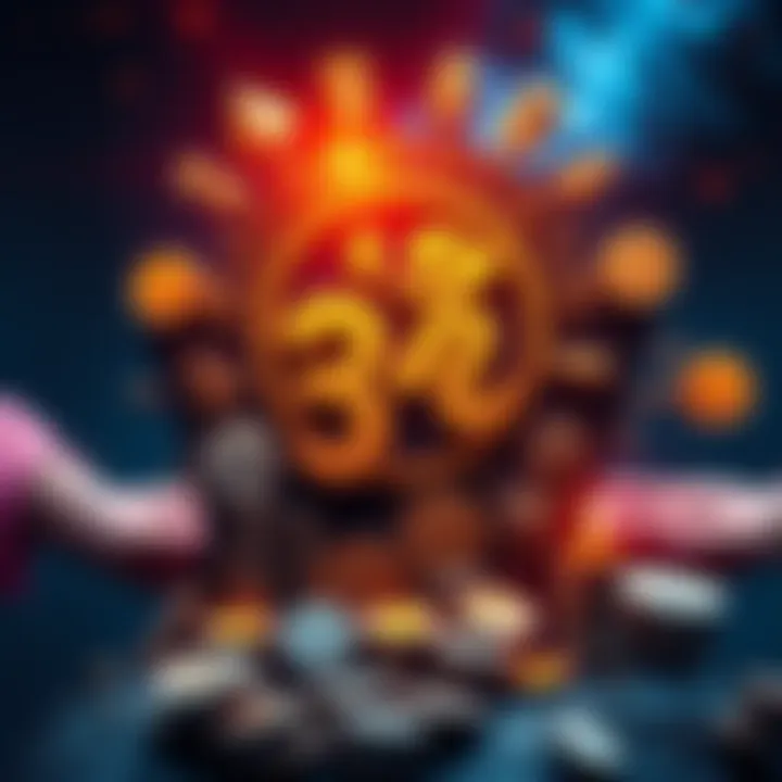 A depiction of the Rahu symbol surrounded by icons representing wealth and financial growth, such as coins and a family sharing resources.