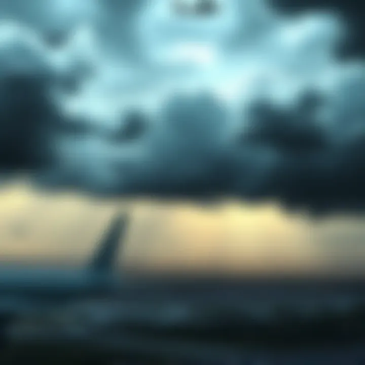Dark rain clouds gathering over a large Air Force Base with planes visible below