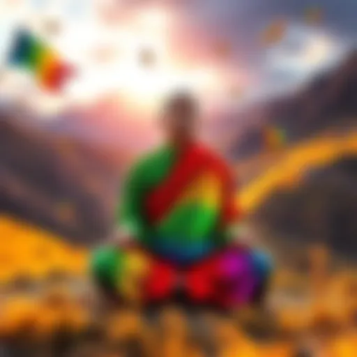 A serene Tibetan monk meditating in a colorful landscape, symbolizing the concept of Rainbow Bodies and their connection to spirituality and Tibet.