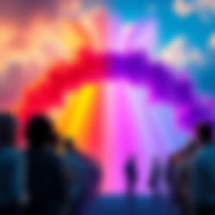 Two rainbows showing red on top in one and purple on top in the other, with people discussing their opinions