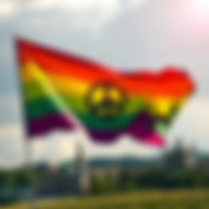 A vibrant rainbow flag waving in the wind, featuring a peace symbol at its center, representing hope and healing.