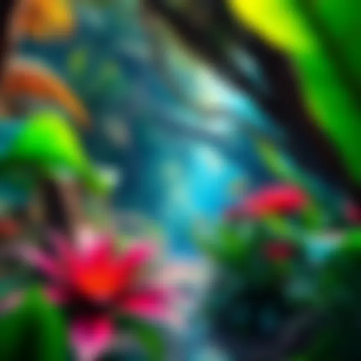 A vivid rainforest with bright colors, lush green plants, and vibrant details depicting a serene environment connected to remote viewing experiences.