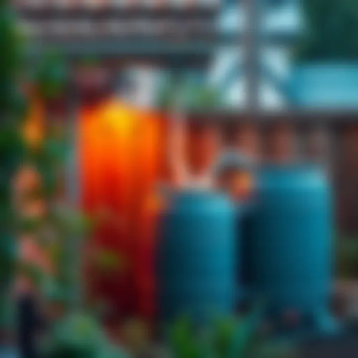 A rainwater collection system with a barrel catching rain from a roof gutter, surrounded by plants.