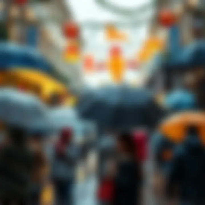 People celebrating Christmas under umbrellas in the rain, with festive decorations around them.